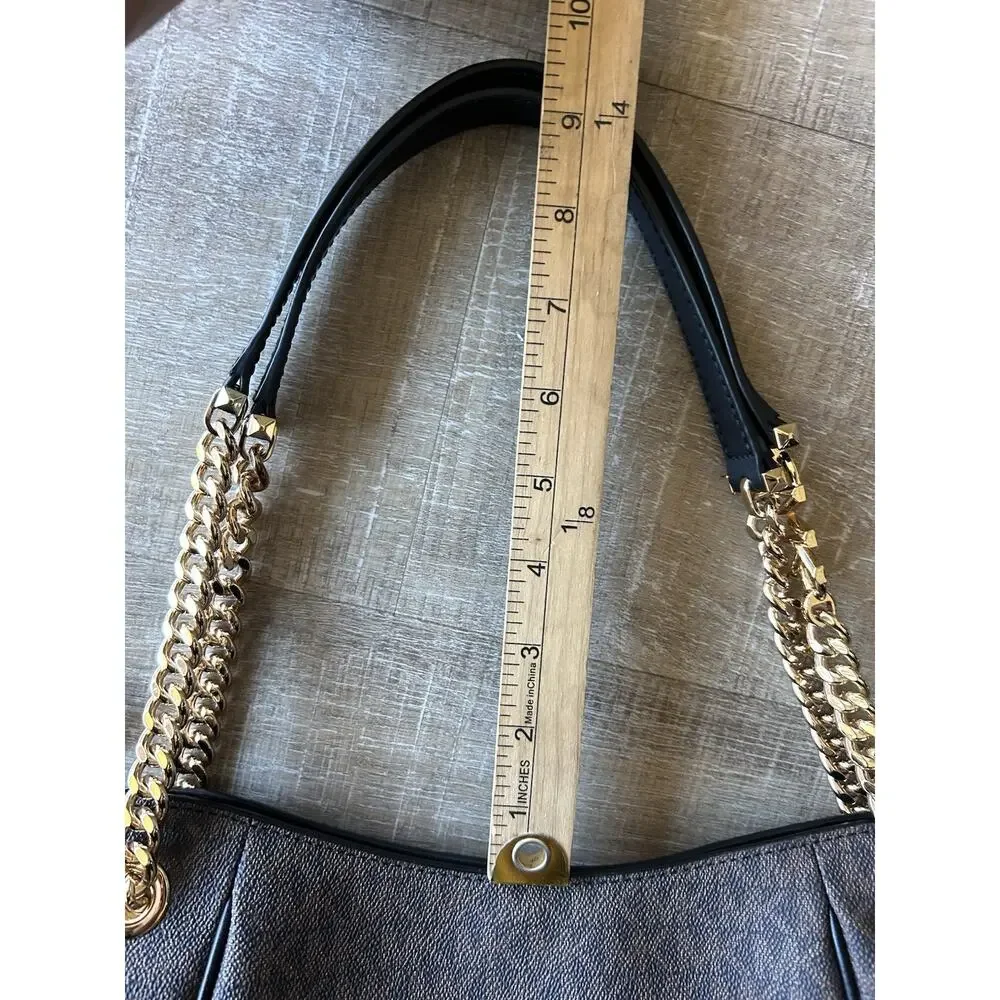 Michael Kors Jet Set Large Chain Tote Brown MK Monogram PVC Leather Trim Bag EUC